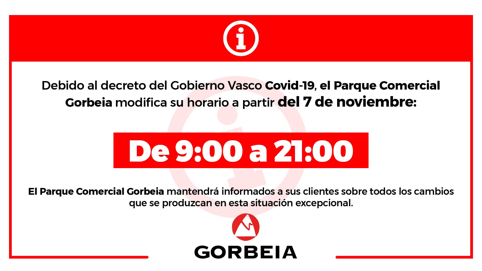 Nuevo horario en Gorbeia (Decreto Gobierno Vasco Covid 19)