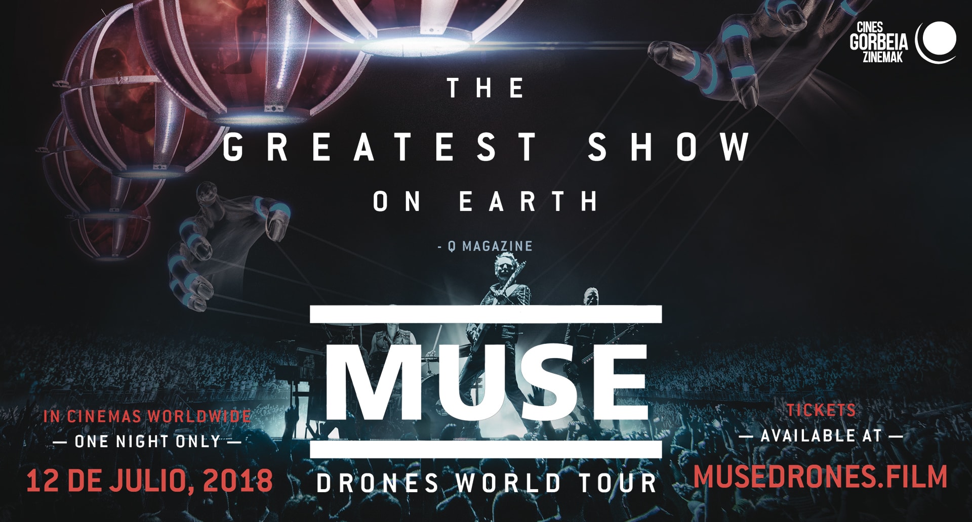 Muse taldeak ‘Drones World Tour’ bira plazaratu du, nazioarteko zinematan ikusgai.